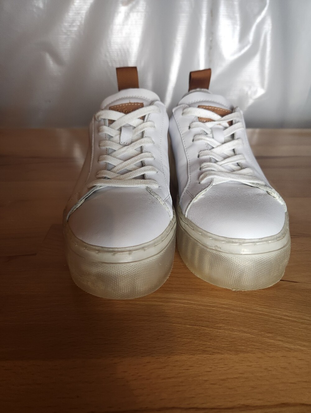 42 Gold Glee White Leather Platform Sneakers Women 7 Chunky Clear Soles Casual - Picture 5 of 11